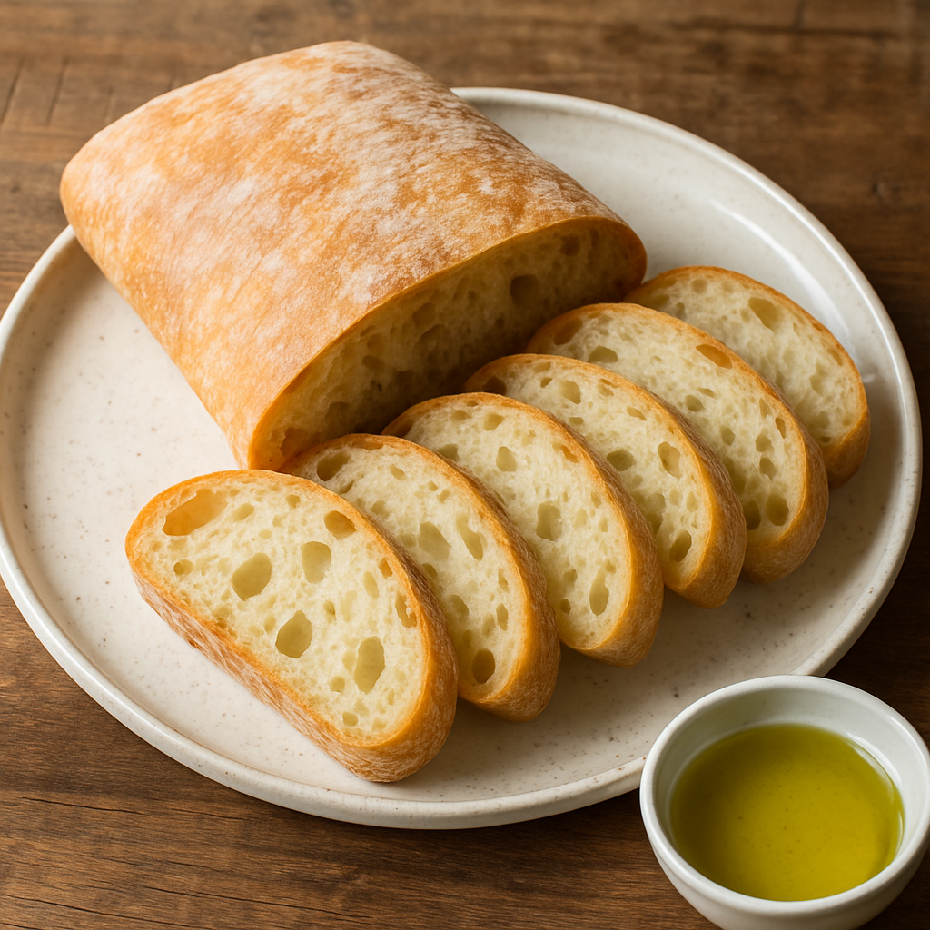 A freshly baked loaf of ciabatta bread, characterized by its airy, open crumb and flour-dusted crust.