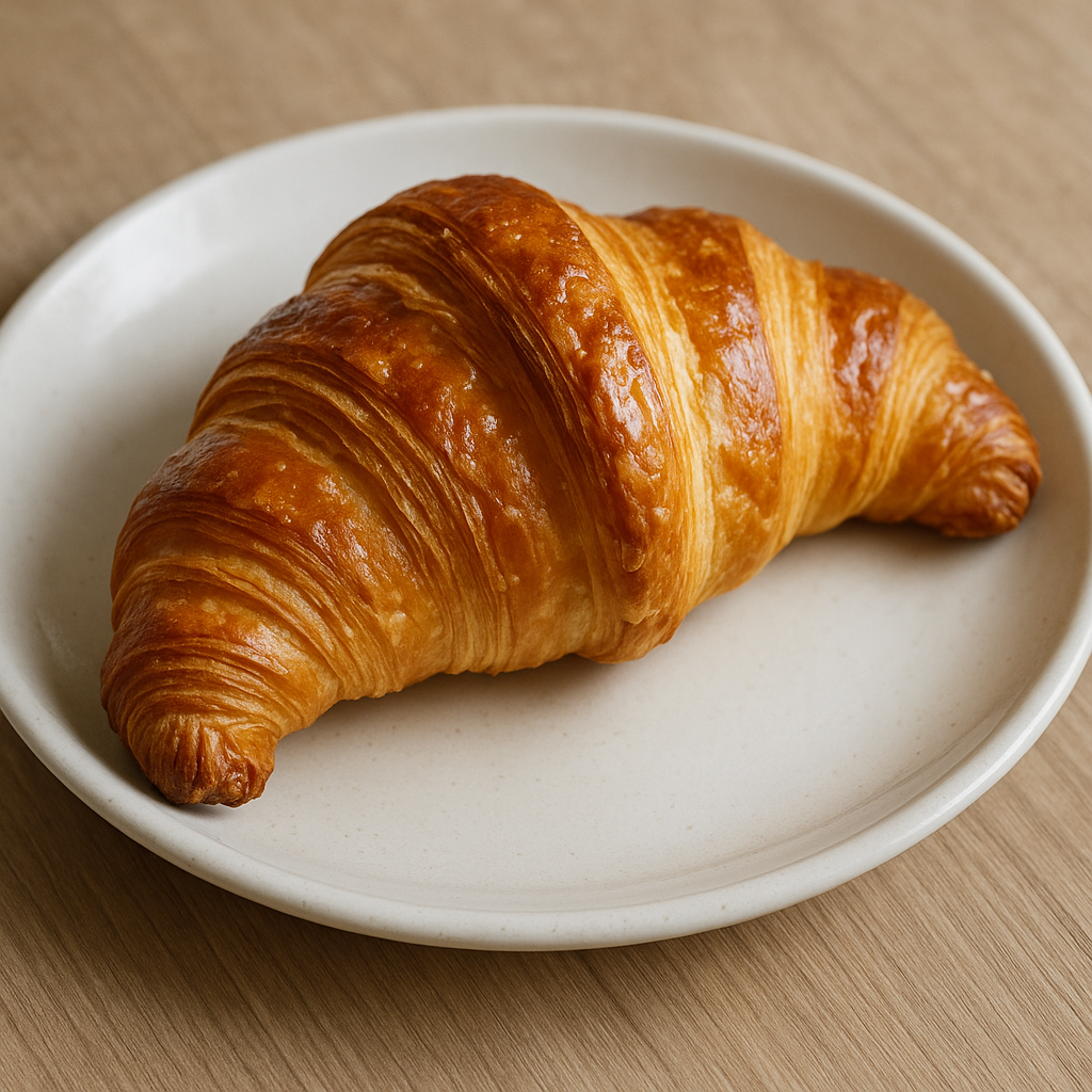 A perfectly baked, golden-brown croissant with visible flaky layers.