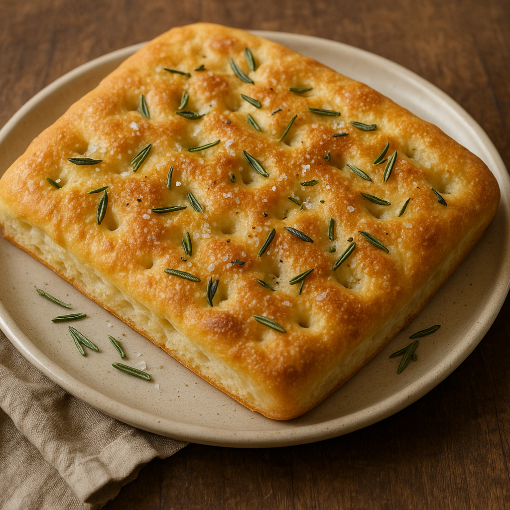 A golden-brown focaccia bread, dimpled and topped with fresh rosemary and coarse sea salt.