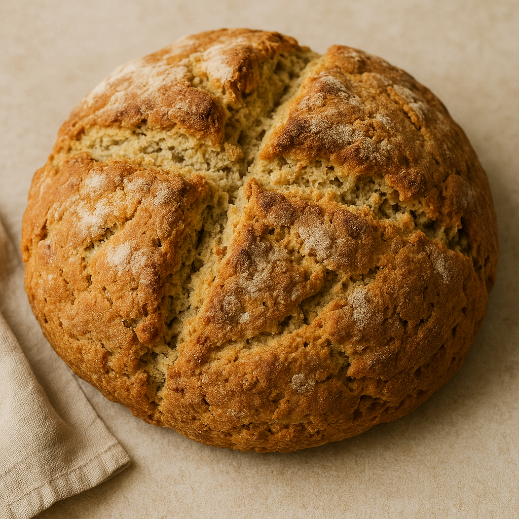 A rustic, round loaf of Irish soda bread with a cross cut into the top.