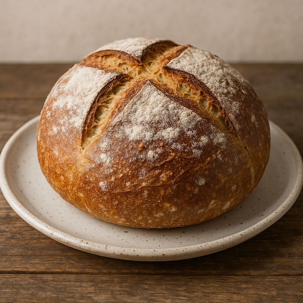 A rustic, round artisan loaf of Pain de Campagne with a beautiful, dark crust and a decorative score.