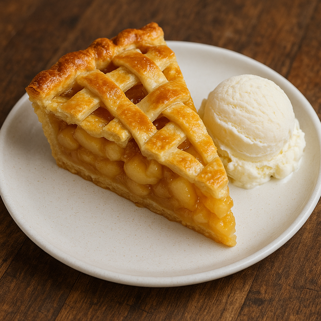 A whole, freshly baked apple pie with a beautiful lattice crust, dusted with sugar.