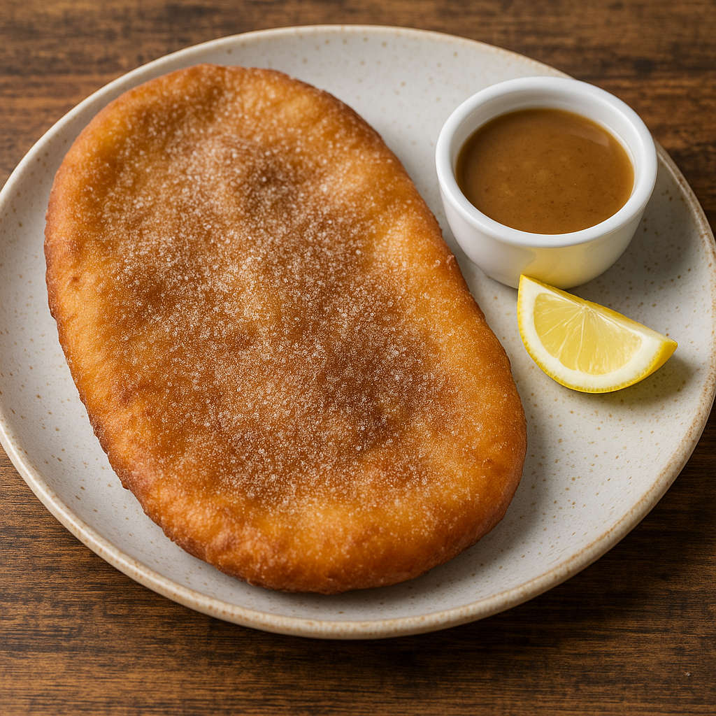 A hand-stretched, fried BeaverTail pastry coated in cinnamon and sugar.