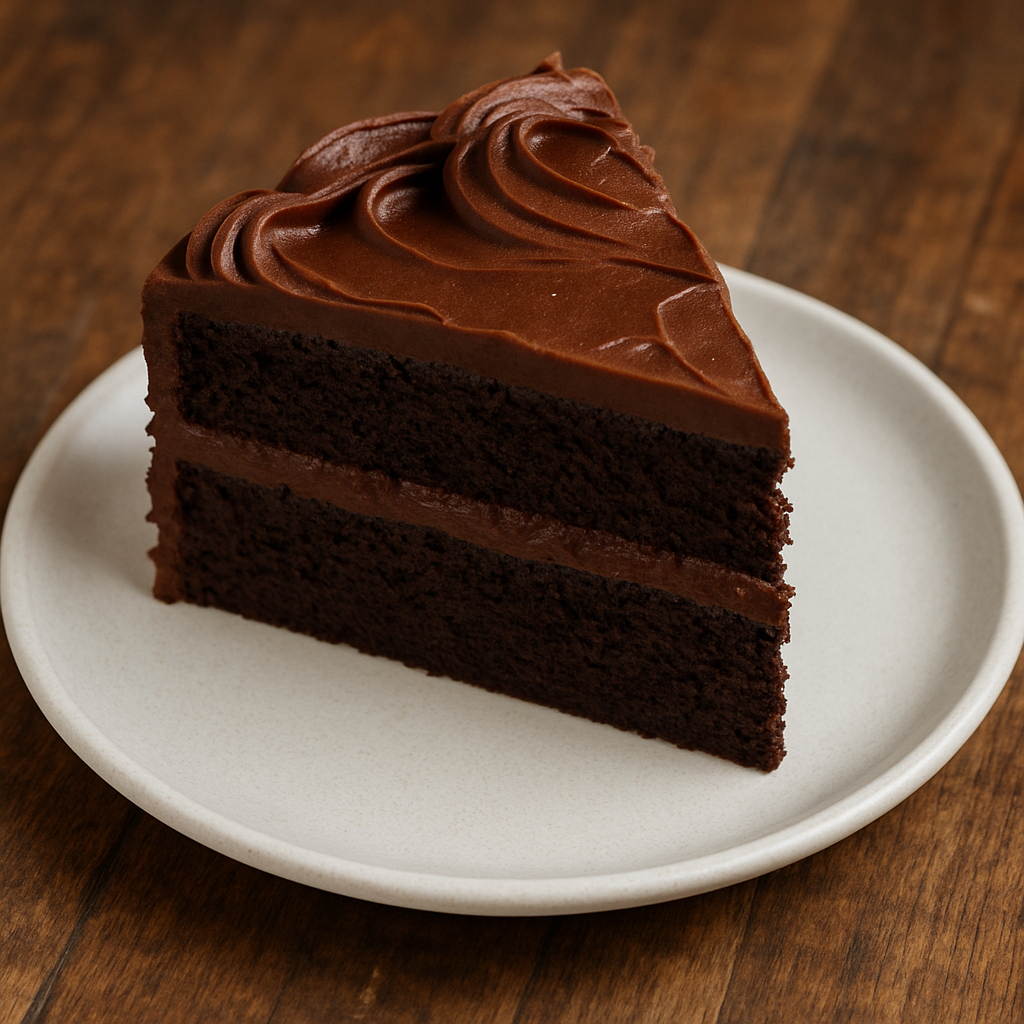 A slice of rich, dark chocolate layer cake with creamy chocolate frosting.