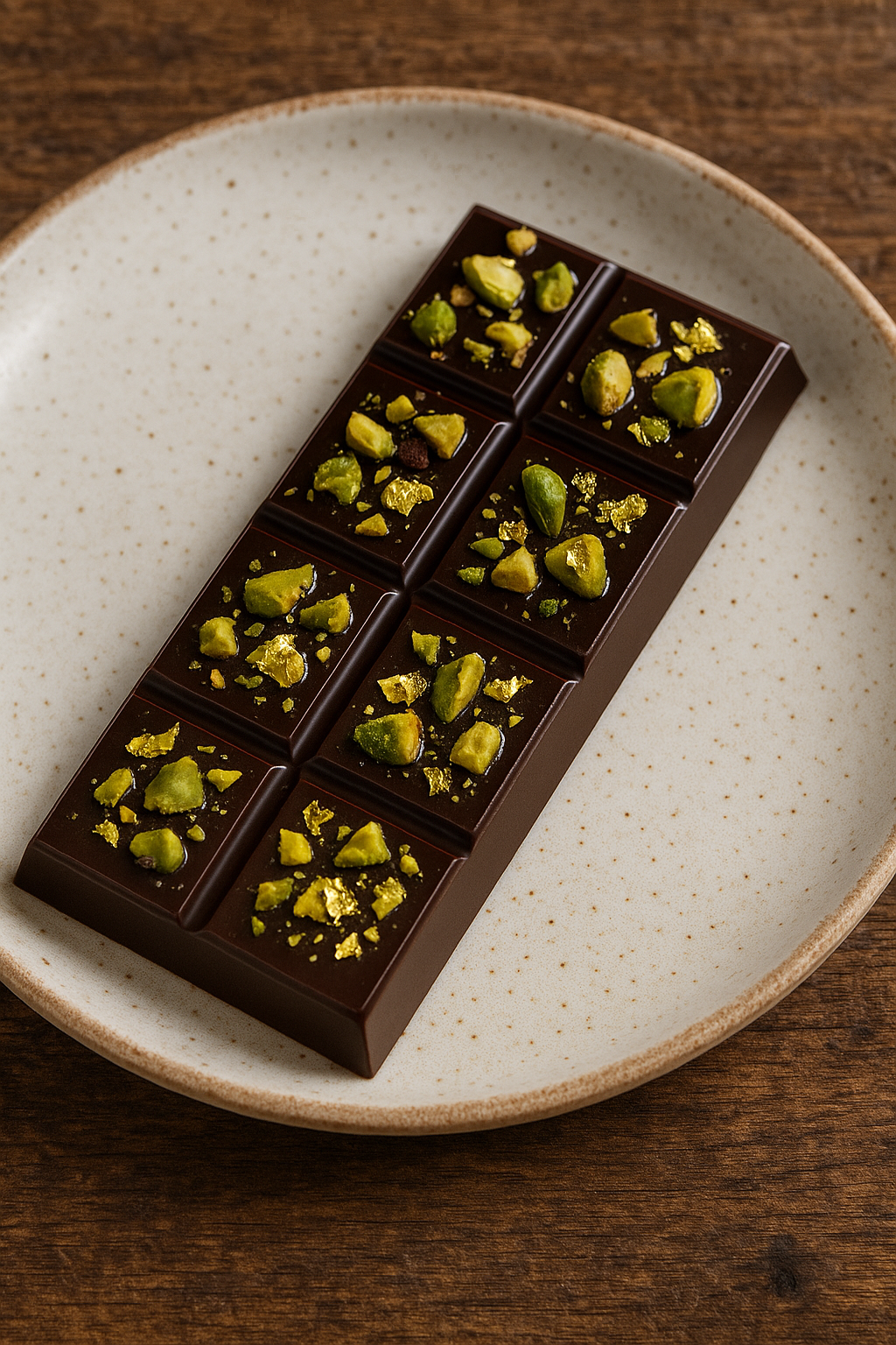 A cross-section of the viral Dubai chocolate bar, showing the crunchy green pistachio and knafeh filling.
