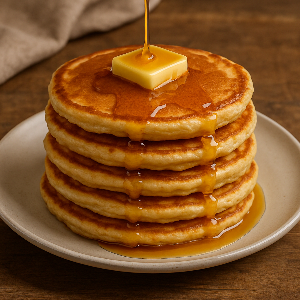 A tall stack of fluffy pancakes with a pat of melting butter and maple syrup dripping down the sides.