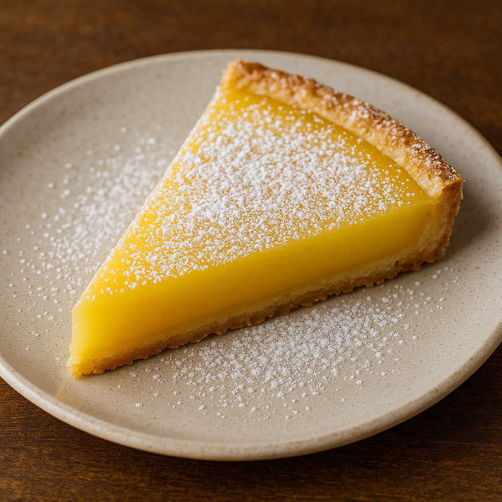 A beautiful lemon tart with a golden crust and a smooth, vibrant yellow filling, dusted with powdered sugar.