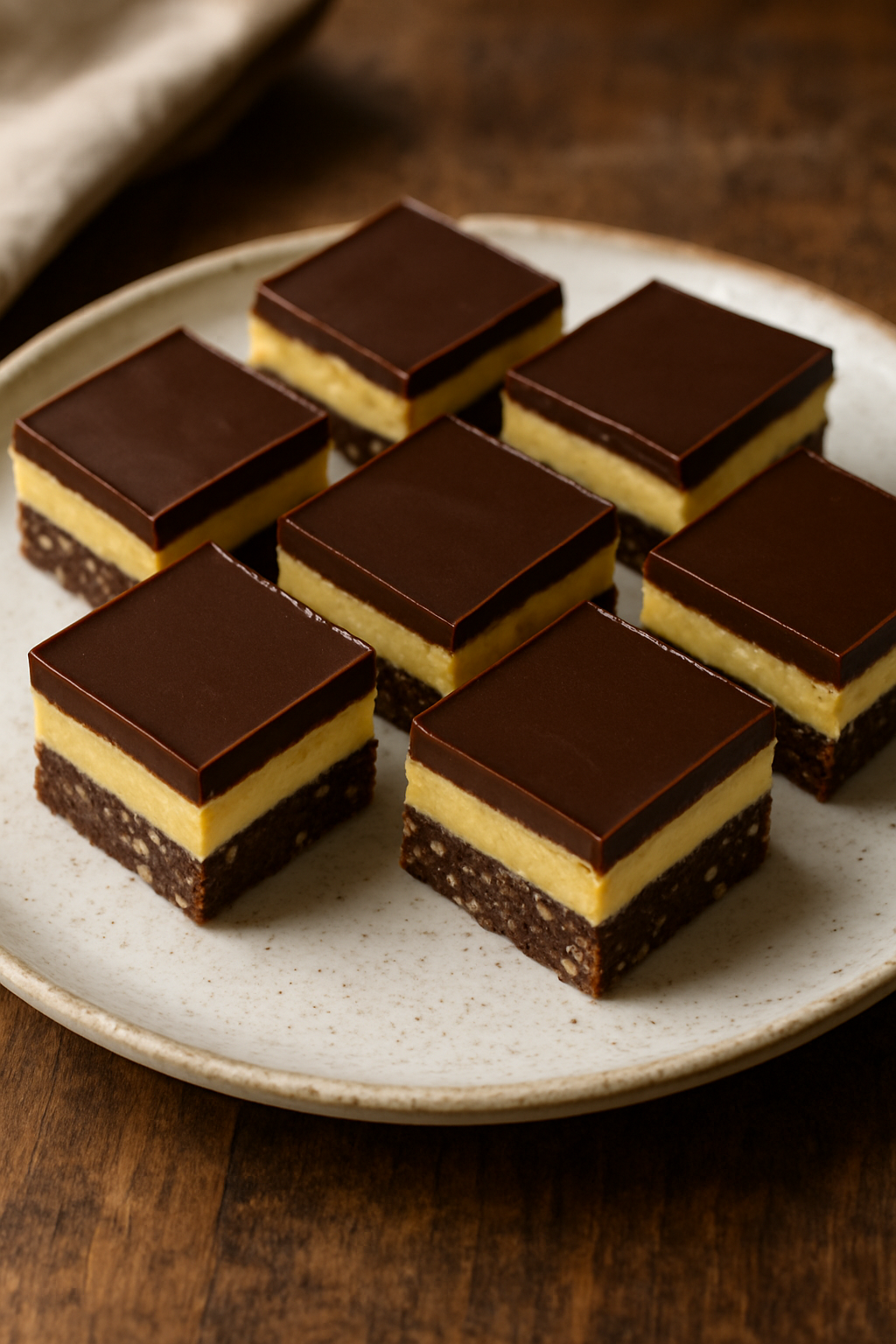 A perfectly layered Nanaimo bar showing the chocolate, custard, and coconut-graham cracker base.