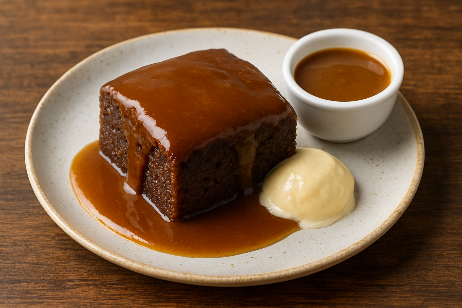A warm slice of sticky toffee pudding cake drenched in a rich toffee sauce, served with a scoop of vanilla ice cream.