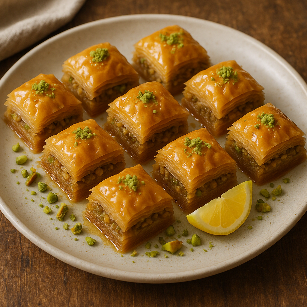 Golden-brown, diamond-cut pieces of baklava glistening with honey syrup and topped with crushed pistachios.