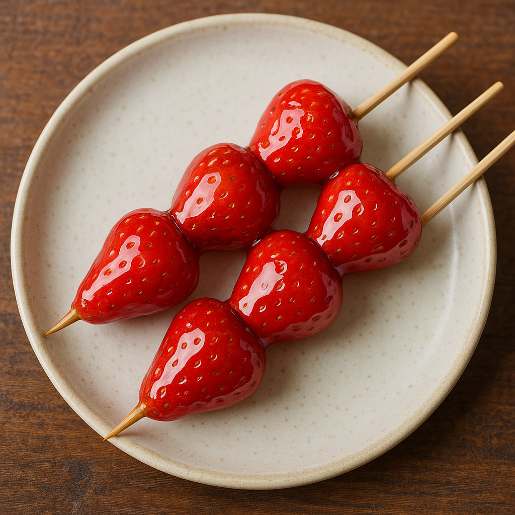 Skewers of bright red strawberries coated in a clear, hardened sugar glaze, creating a jewel-like appearance.