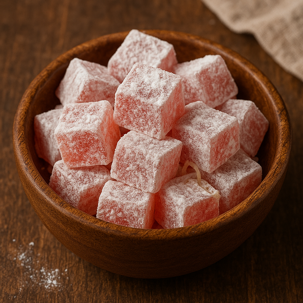 Cubes of pink, rose-flavored Turkish Delight dusted with powdered sugar.