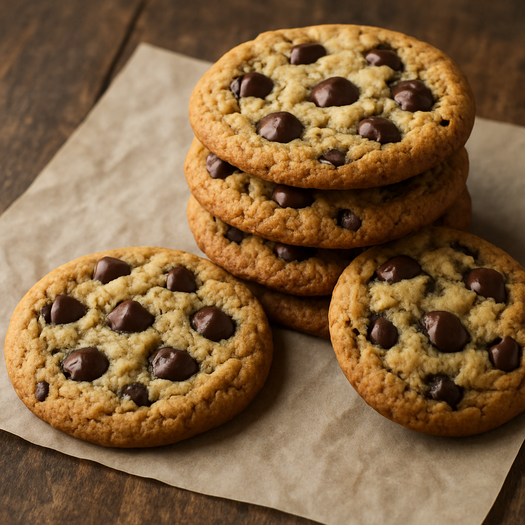 A tempting stack of golden-brown chocolate chip cookies with melted chocolate chips visible.