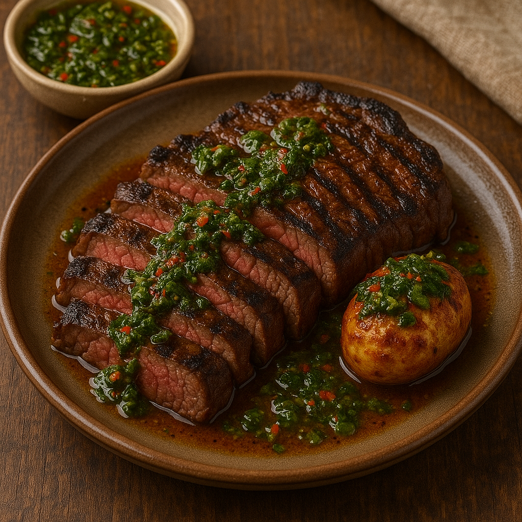 A grilled flank steak, sliced and topped with a vibrant green chimichurri sauce.