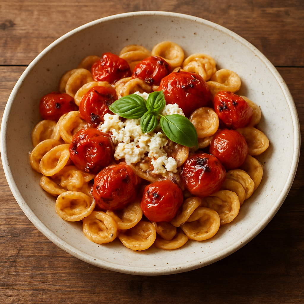 A casserole dish showing baked feta pasta, with creamy feta cheese and burst cherry tomatoes mixed with pasta.