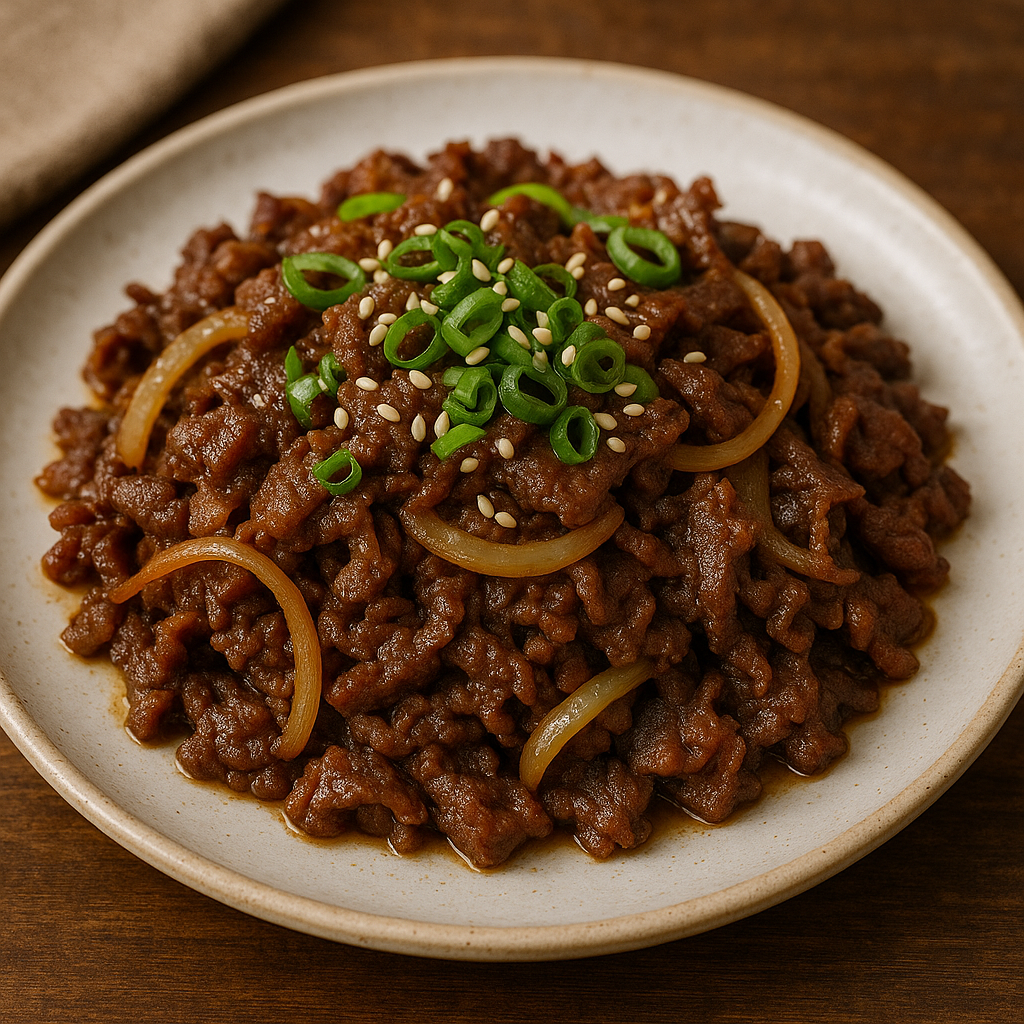 A sizzling plate of Korean beef bulgogi with caramelized onions and sesame seeds.