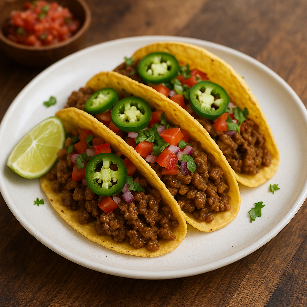 Three crispy beef tacos filled with seasoned ground beef, lettuce, tomato, and shredded cheese.