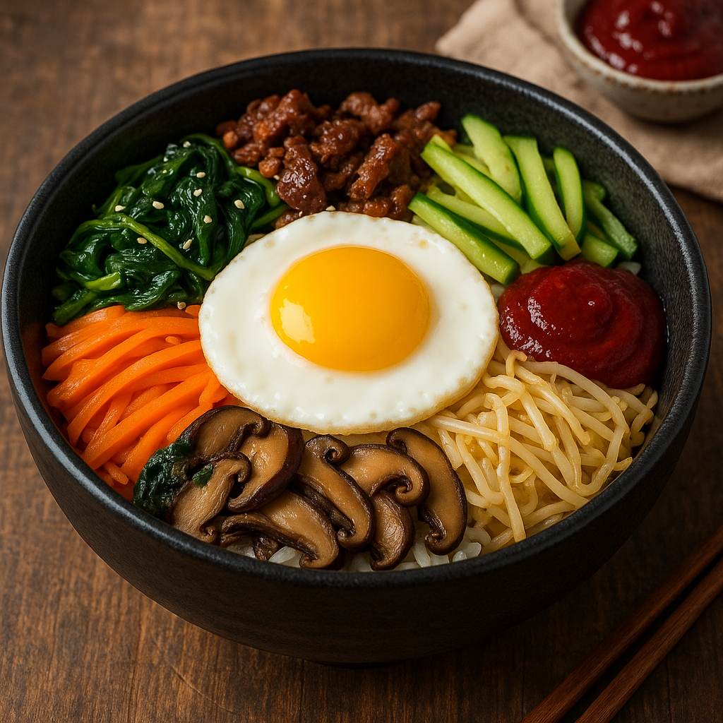 A colorful bowl of Korean bibimbap with assorted vegetables, beef, and a sunny-side-up egg on top.