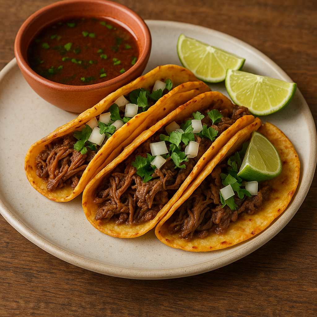 Crispy, red-stained Birria tacos with melted cheese, served with a cup of rich consomé for dipping.