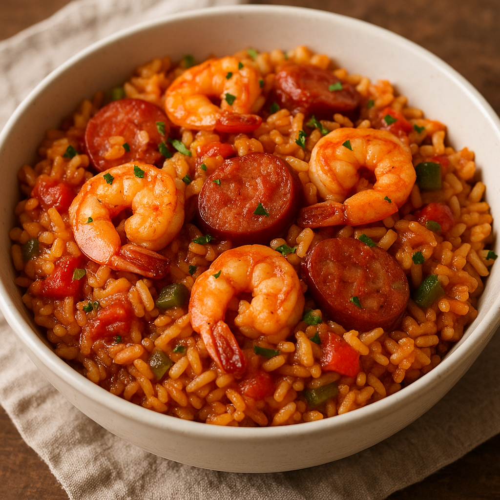 A large pot of Cajun jambalaya filled with rice, sausage, chicken, and shrimp.