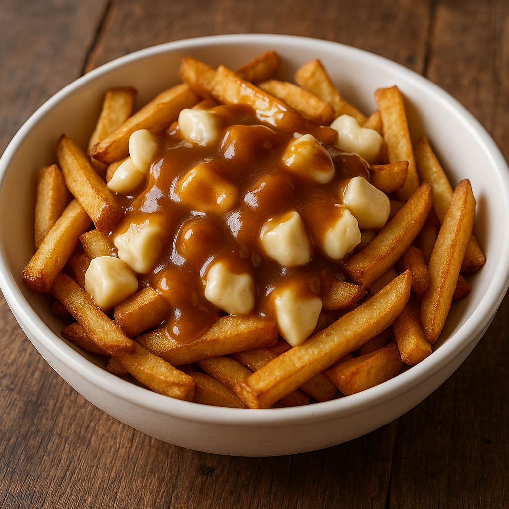 A bowl of Canadian poutine with crispy fries, melted cheese curds, and rich brown gravy.