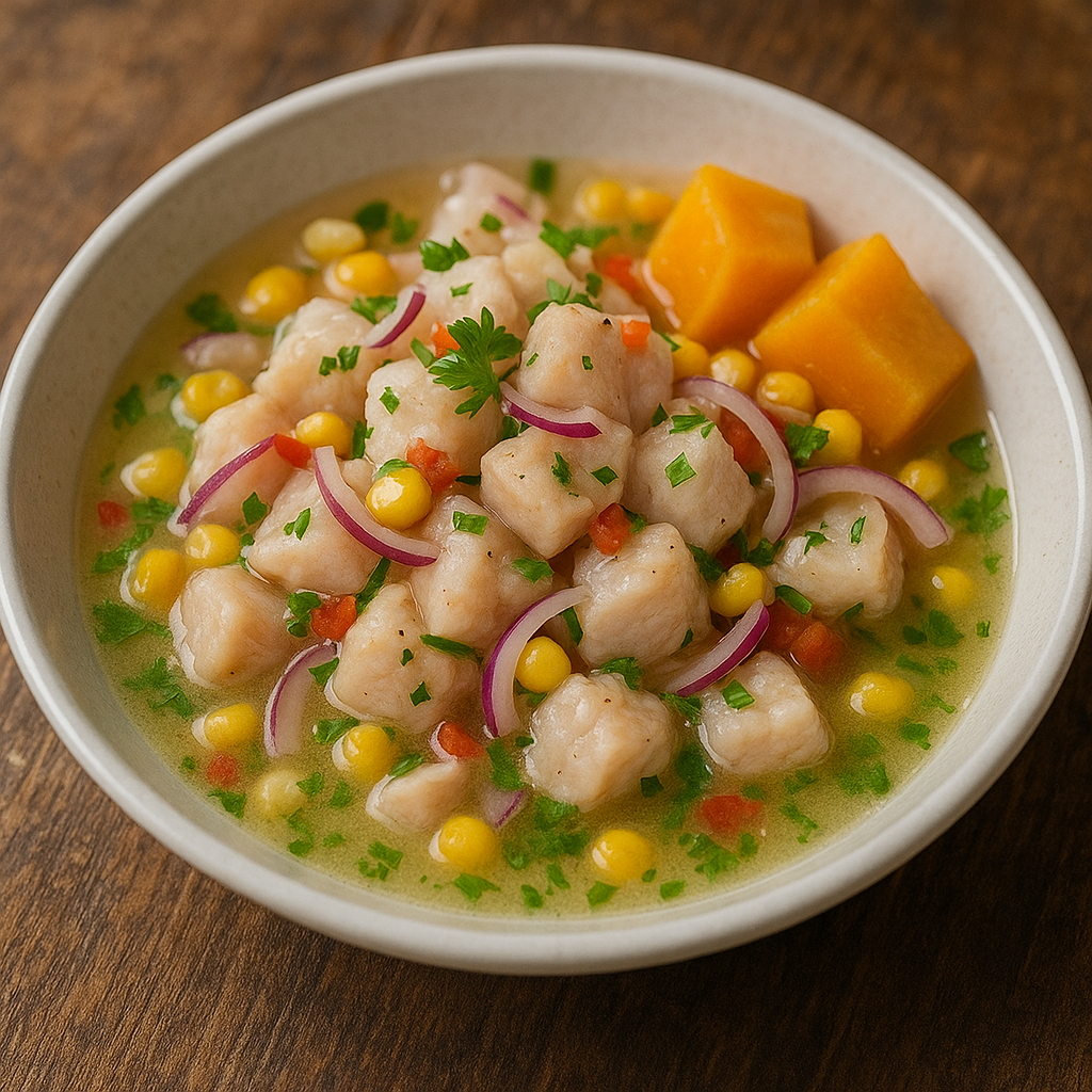 A bright, fresh bowl of ceviche with white fish, red onions, and cilantro in a citrus marinade.