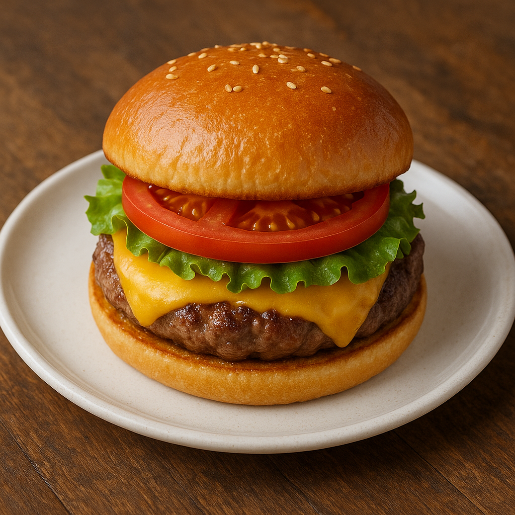 A tall, juicy cheeseburger with a sesame seed bun, lettuce, tomato, and melted cheddar cheese.