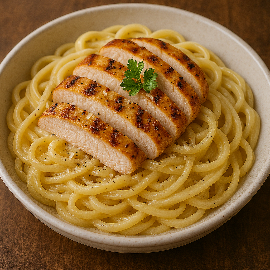 A rich and creamy plate of chicken Alfredo pasta, garnished with fresh parsley.