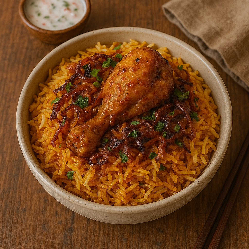 A platter of aromatic chicken biryani with long-grain basmati rice, tender chicken, and garnished with fried onions.