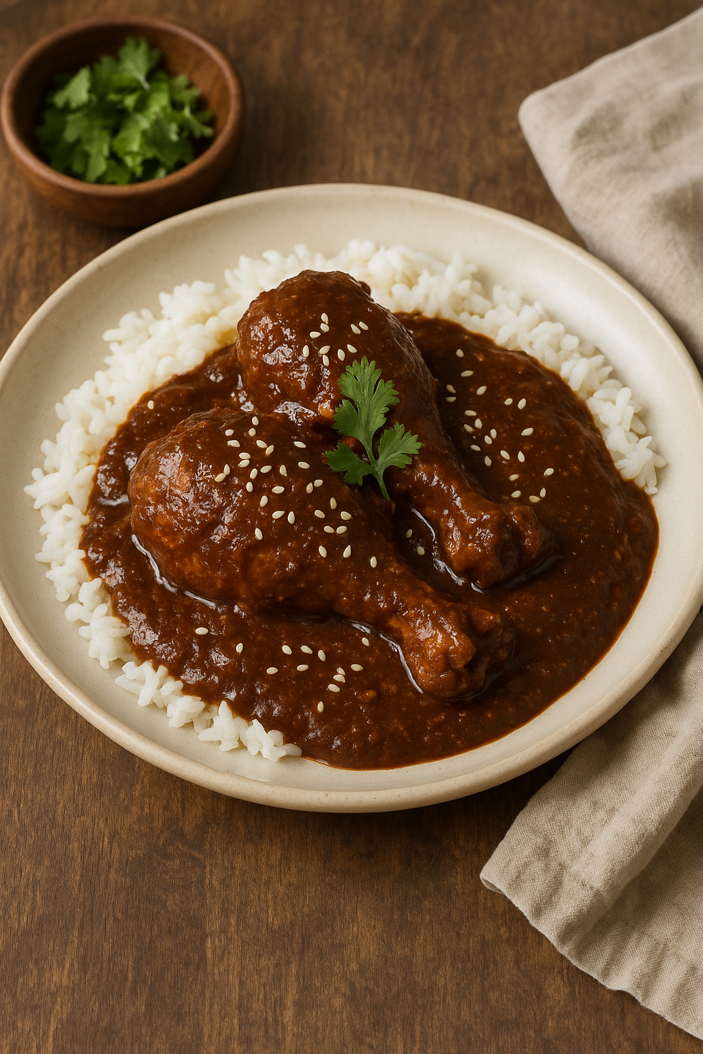 A plate of tender chicken smothered in a dark, rich Oaxacan mole sauce, sprinkled with sesame seeds.