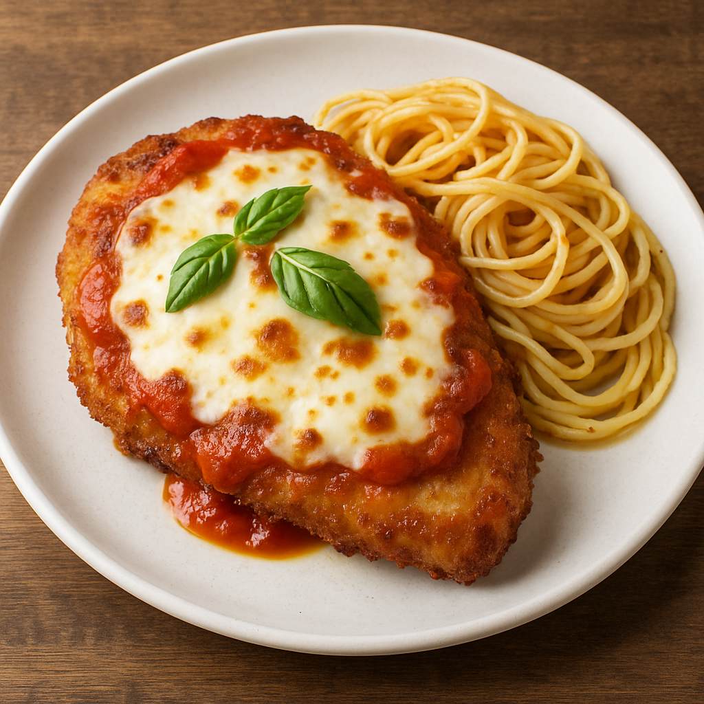 A golden-brown chicken parmesan cutlet covered in marinara sauce and melted mozzarella, garnished with fresh basil.