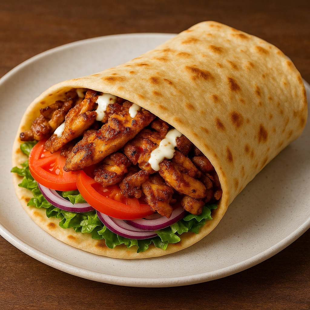 A pita wrap filled with sliced chicken shawarma, fresh vegetables, and tahini sauce.
