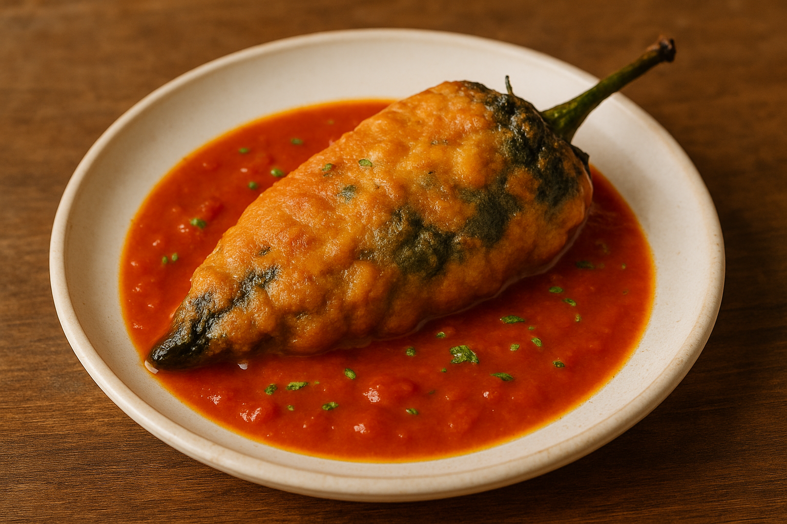 Two cheese-stuffed Chiles Rellenos covered in a light, fluffy egg batter and served with red ranchero sauce.
