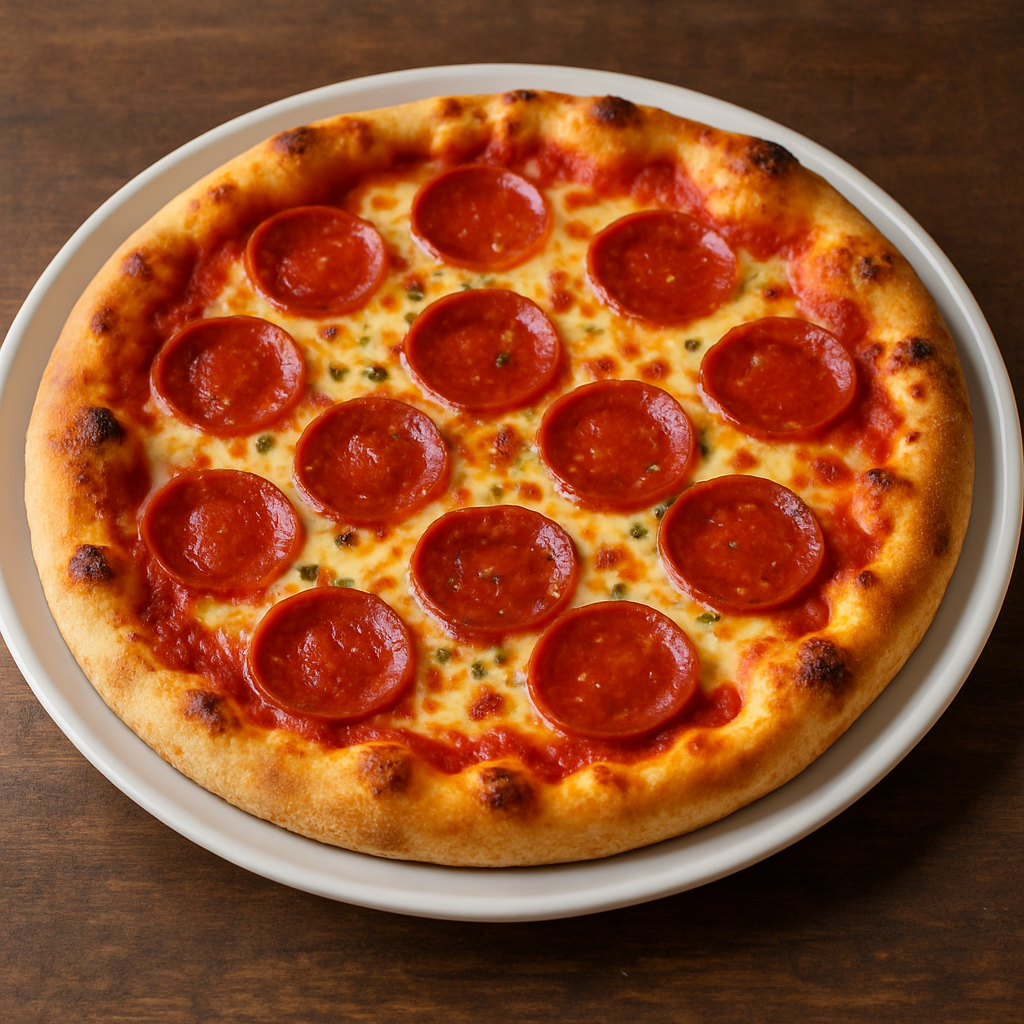 A whole pepperoni pizza fresh from the oven, with bubbly cheese and a golden crust.