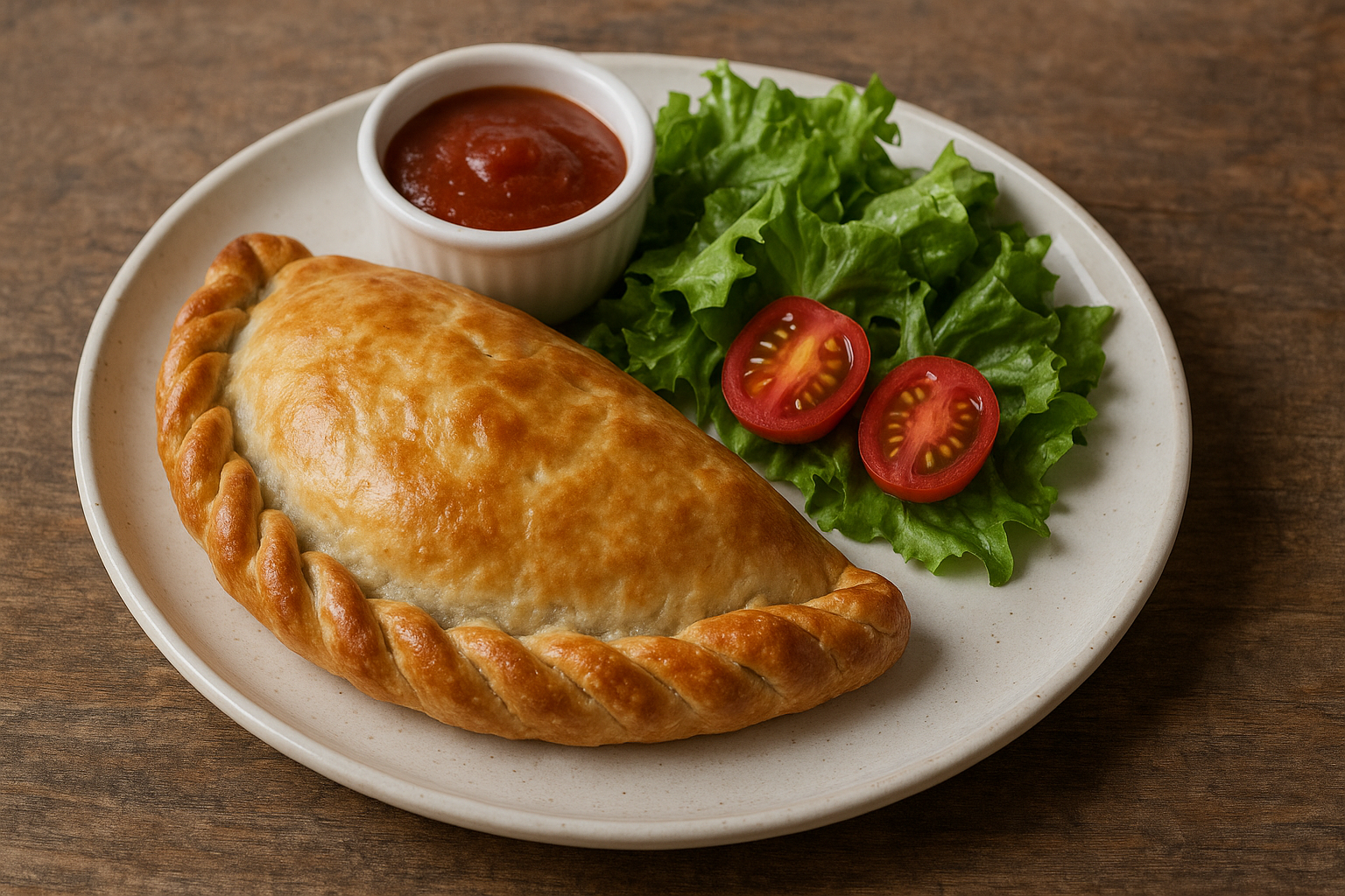 A golden-baked Cornish pasty with a traditional crimped edge on one side.
