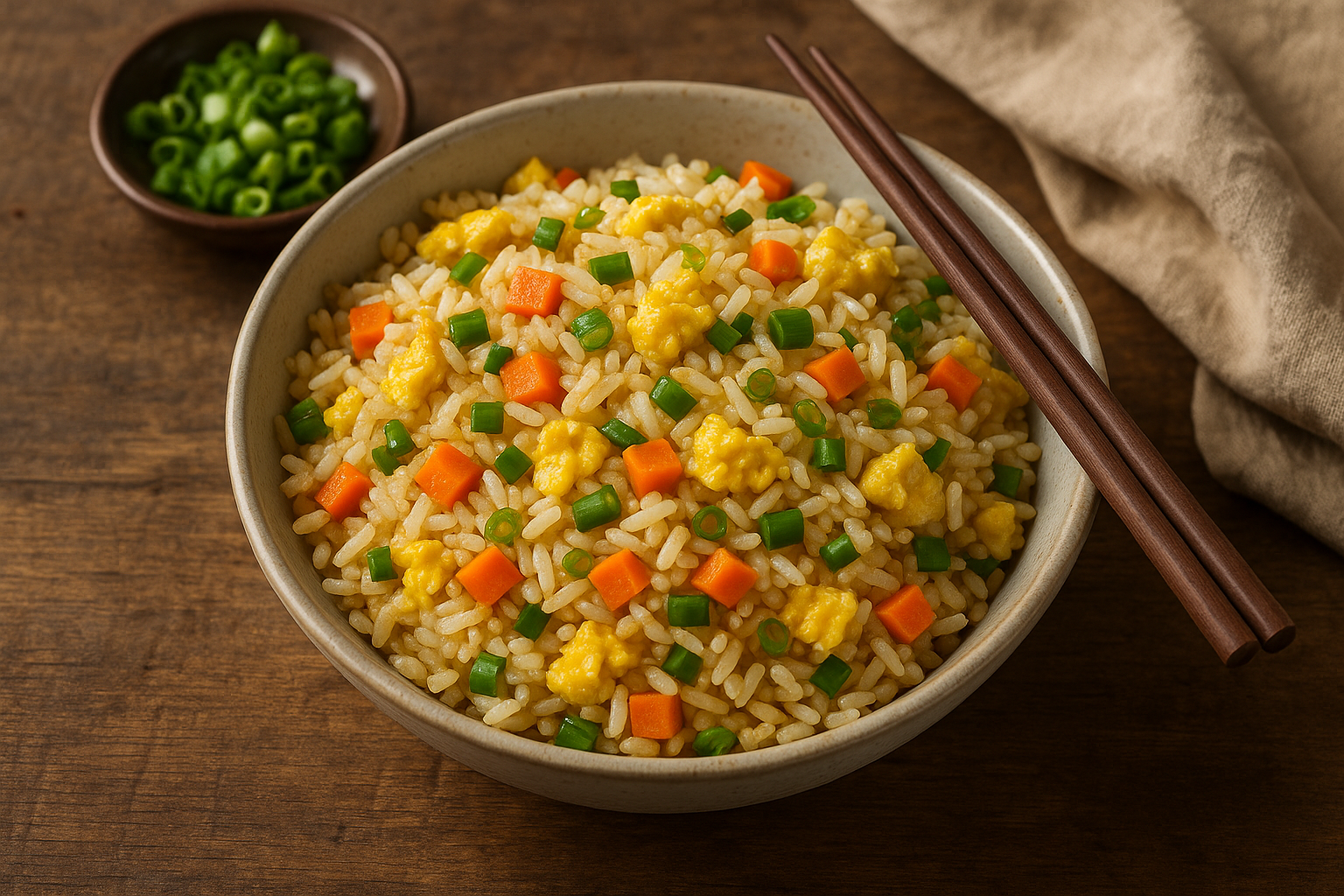 A wok full of freshly made egg fried rice with peas, carrots, and scallions.