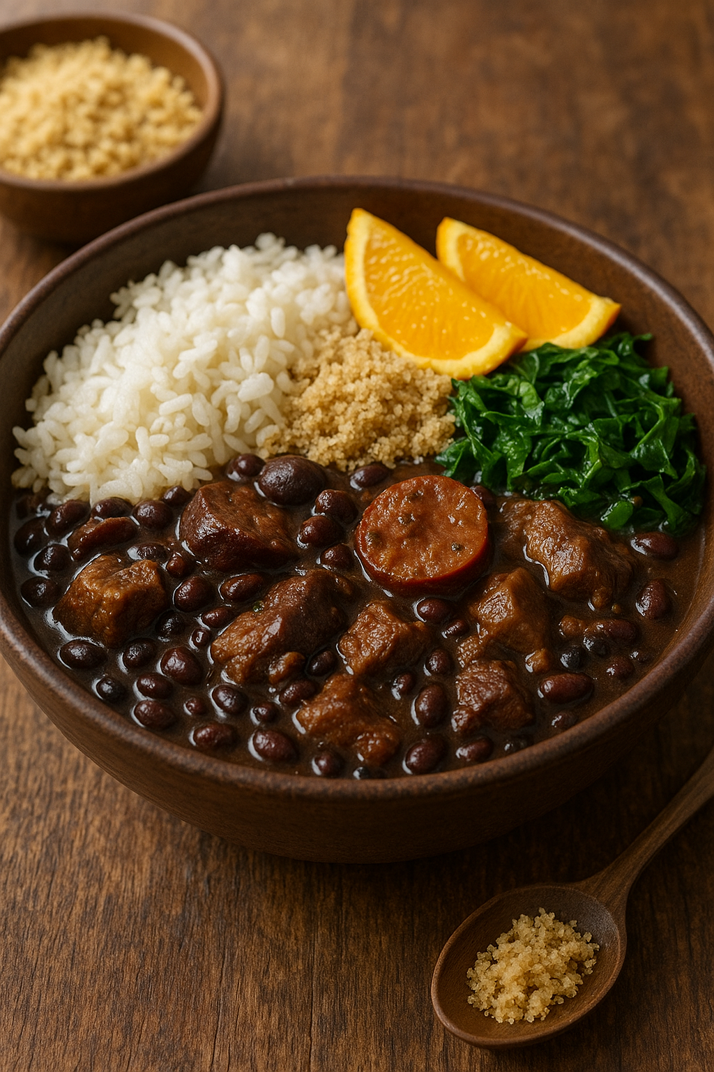 A large pot of dark, rich Feijoada stew with various meats and black beans.