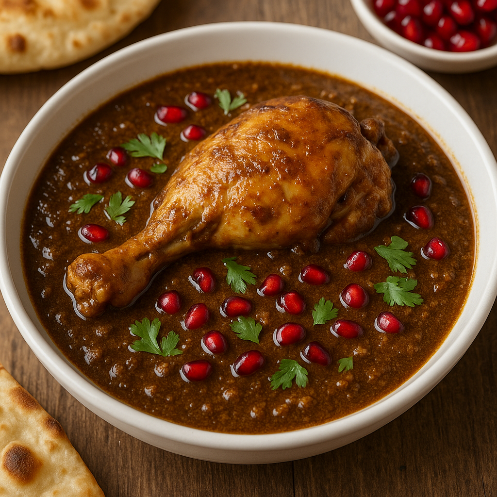 A deep, dark bowl of Persian Fesenjan stew with chicken and walnuts, garnished with pomegranate seeds.