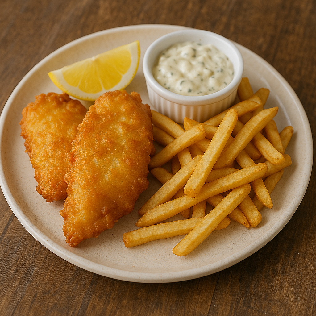 A crispy, golden-battered fish fillet served over a pile of thick-cut french fries with a side of tartar sauce.
