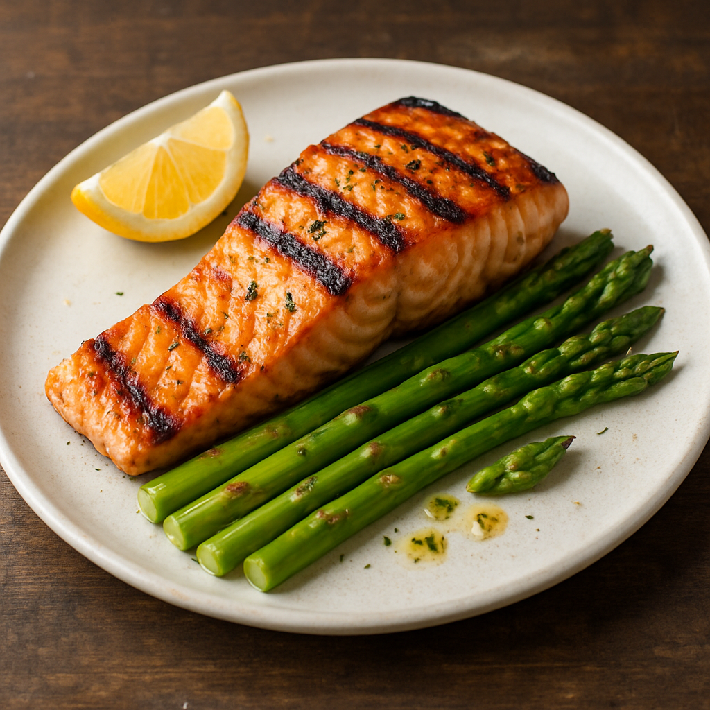 A perfectly grilled salmon fillet with char marks, served alongside tender-crisp asparagus spears and a slice of lemon.