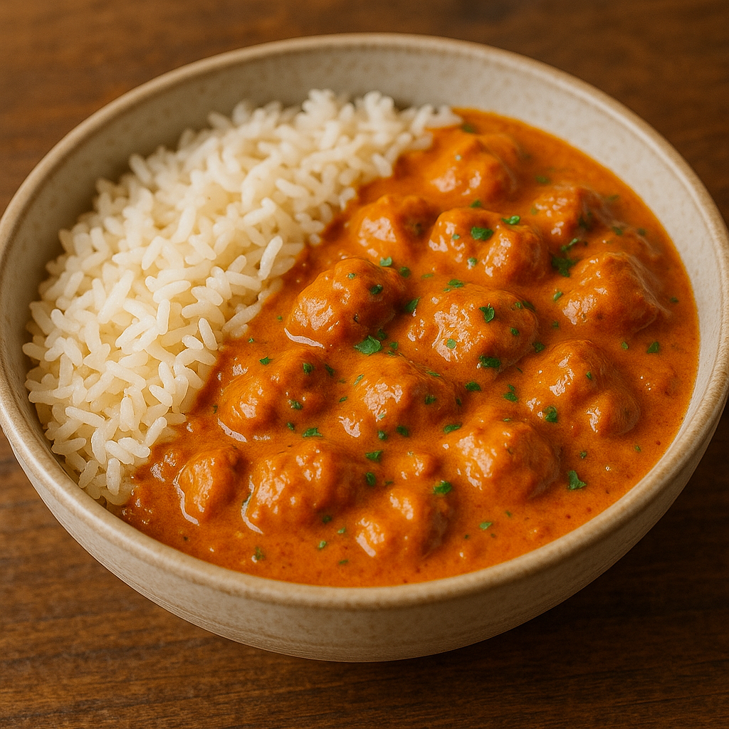 A rich, orange-colored bowl of Indian butter chicken, garnished with a swirl of cream and fresh cilantro.