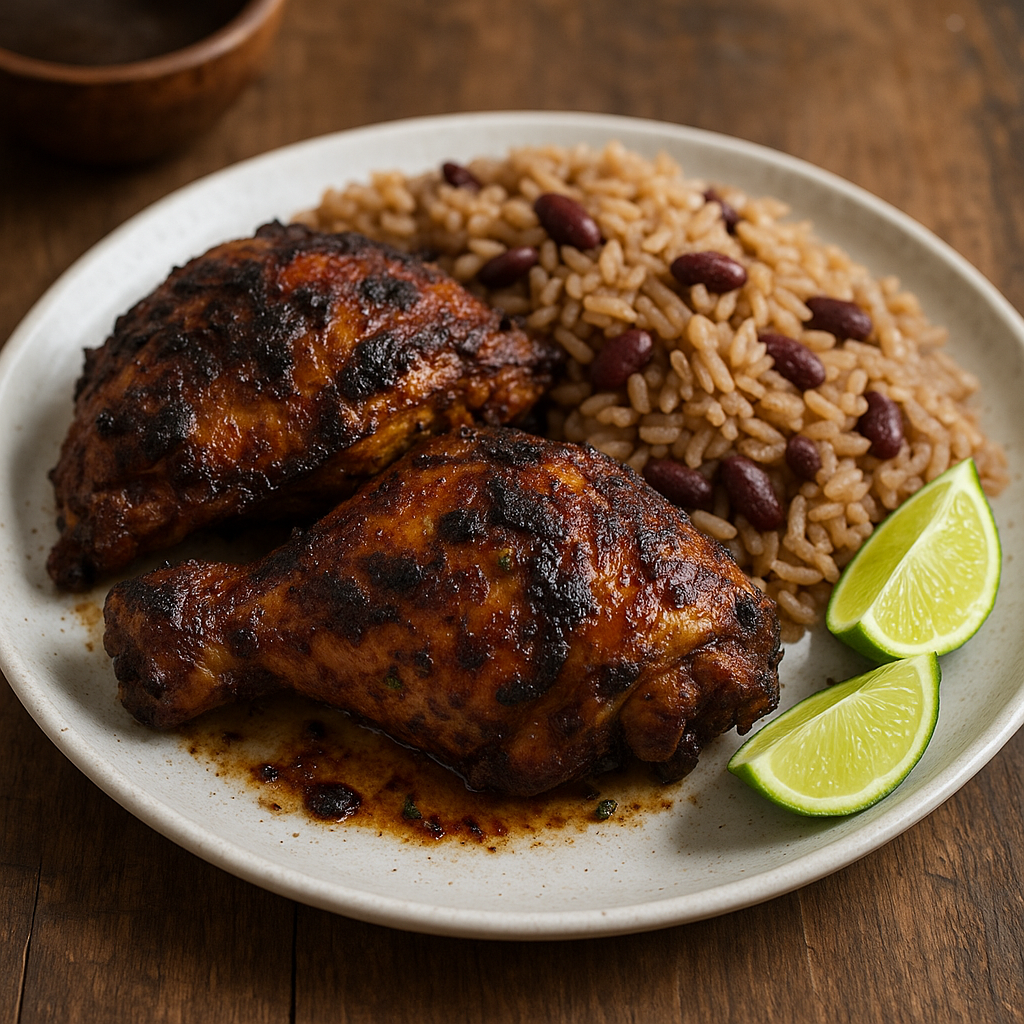 Grilled Jamaican jerk chicken with a charred exterior, served with rice and peas.