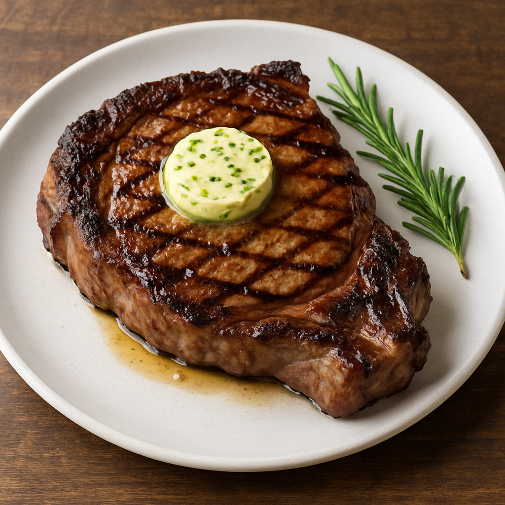 A perfectly seared ribeye steak, sliced to reveal a juicy pink center, with a sprig of rosemary on top.