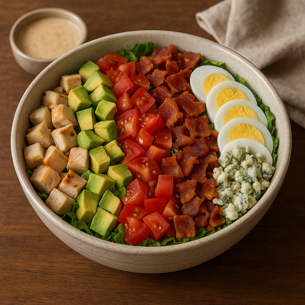 A large Cobb salad with ingredients arranged in neat rows over a bed of lettuce.