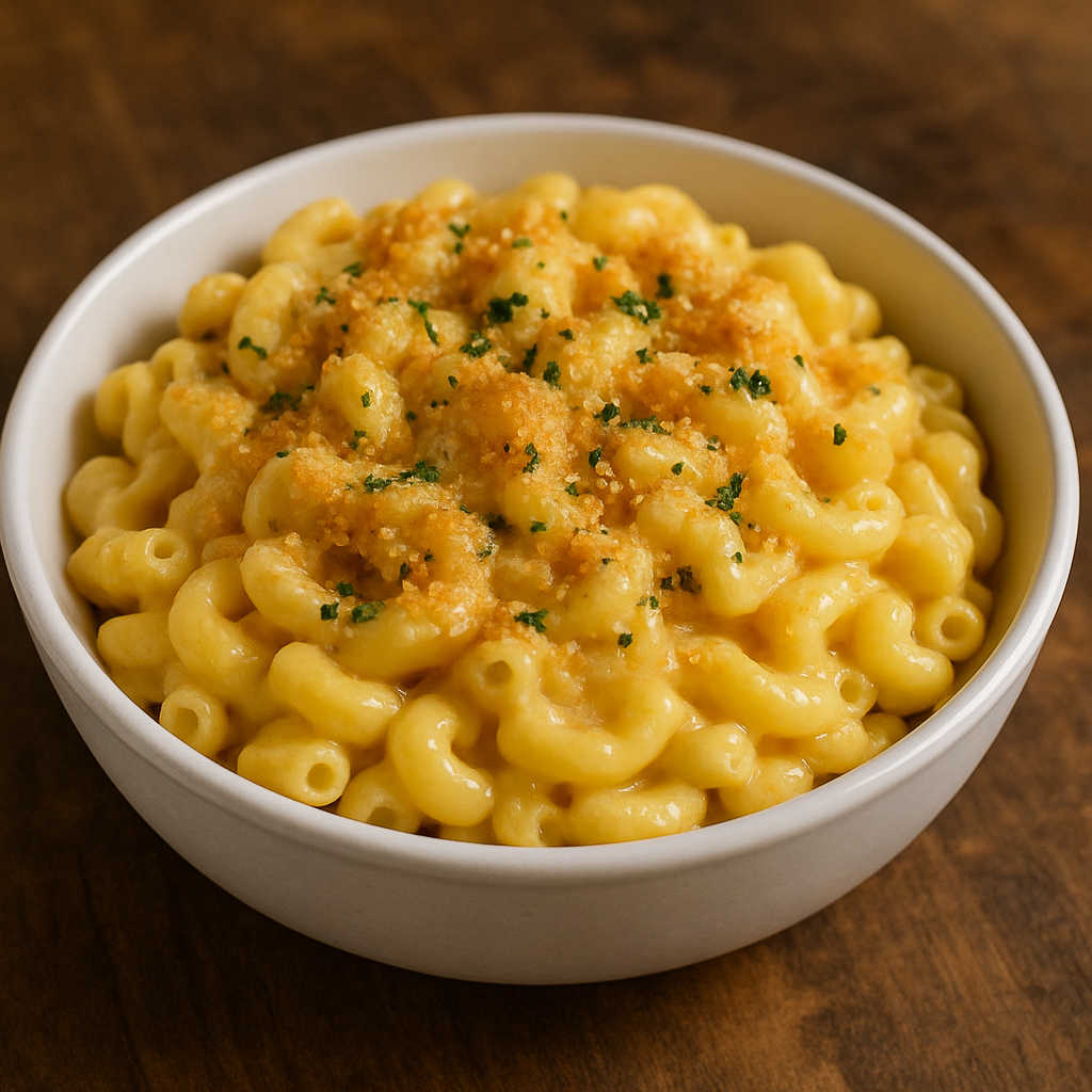 A scoop of baked macaroni and cheese with a crispy, golden-brown top being lifted from a casserole dish.