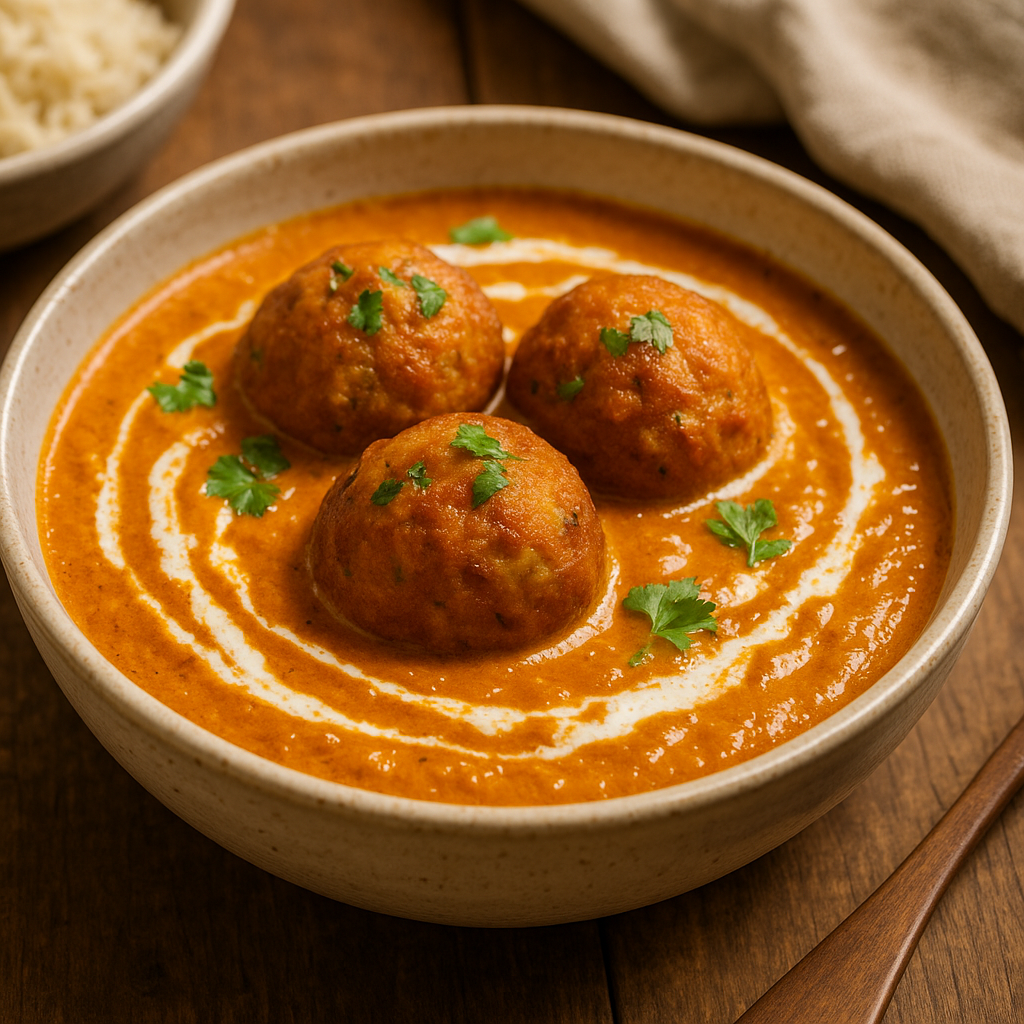 A creamy orange-colored Malai Kofta curry with deep-fried potato and paneer balls, garnished with cream.