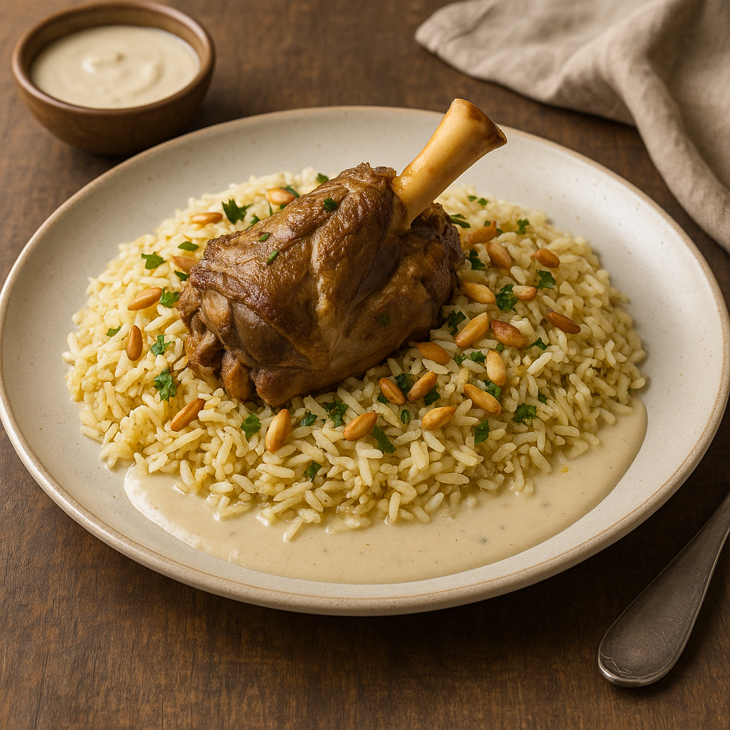 A large platter of Jordanian Mansaf with lamb pieces arranged over yellow rice and topped with toasted nuts.