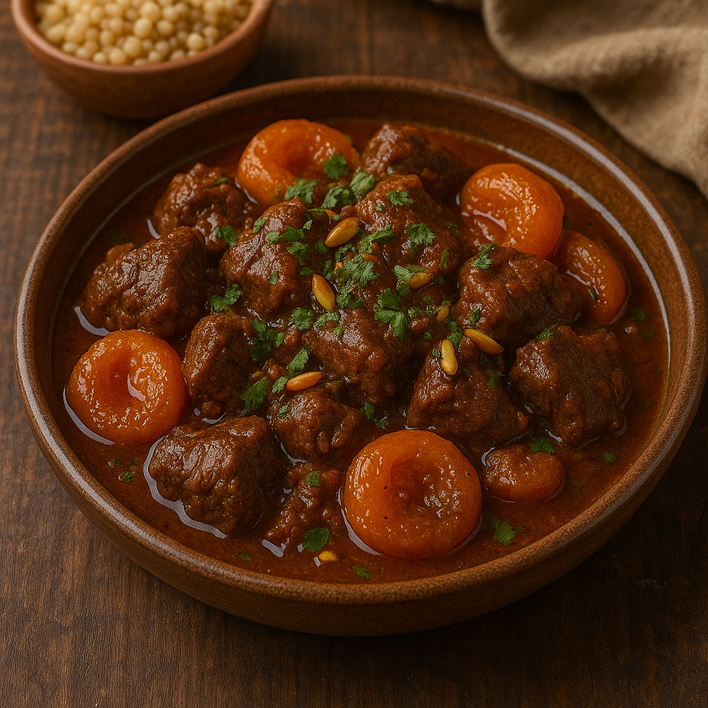 A Moroccan lamb tagine with apricots and almonds, served in a traditional earthenware tagine pot.
