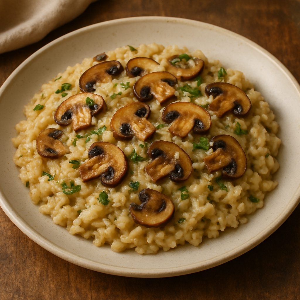 A creamy bowl of mushroom risotto topped with grated Parmesan cheese and fresh parsley.
