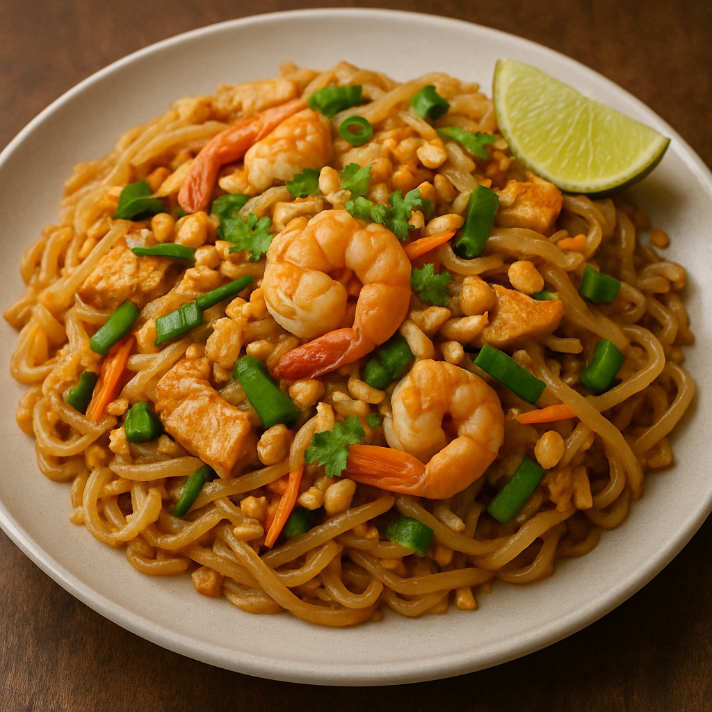 A delicious plate of Pad Thai noodles with shrimp, bean sprouts, and crushed peanuts.